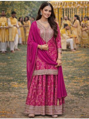 Dark Pink Chinon Silk Free Size Ready To Wear Palazzo Suit small FABSL22388