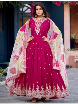 dark pink georgette embroidered gown with dupatta fabgo20435