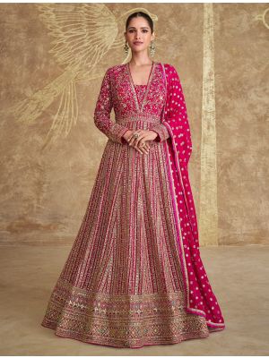 Dark Pink Georgette Pre Stitched Anarkali Suit In XL small FABSL22114