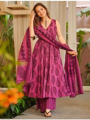 Dark Pink Muslin Flared Ready To Wear Salwar Kameez FABSL22448