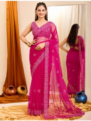 Dark Pink Net Party Wear Saree With Sequins