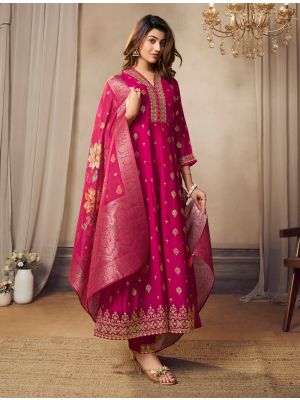 Dark Pink Silk Full Length Flared Readymade Salwar Kameez FABSL22042