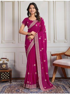 Dark Pink Star Georgette Embroidered Saree With Swarovski