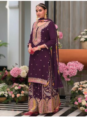 Dark Purple Chinon Ready To Wear Palazzo Suit In XL small FABSL22125