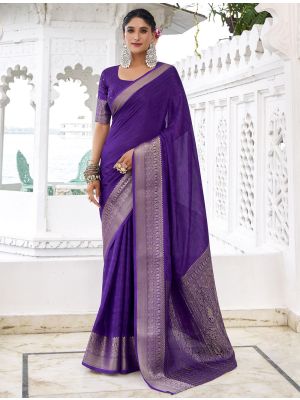 Dark Purple Chinon Saree With Woven Zari Work