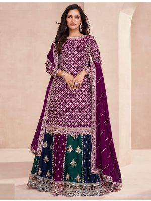 Dark Purple Chinon Semi Stitched Embroidered Lehenga Suit small FABSL21754