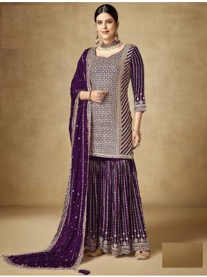 Dark Purple Chinon Semi Stitched Sharara Suit small FABSL21769