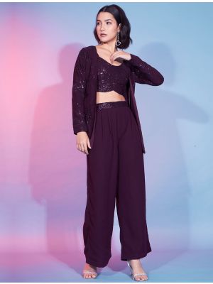dark purple georgette co ord set with thread and sequins fabku20886