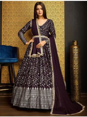 dark purple georgette flared anarkali gown with dupatta fabgo20279
