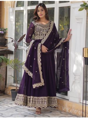 dark purple georgette flared anarkali gown with dupatta fabgo20345