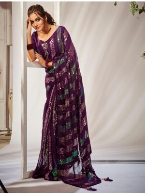 Dark Purple Georgette Party Wear Saree With Sequins