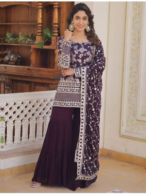 Dark Purple Georgette Readymade Sharara Suit With Zari Work FABSL21789
