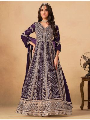 Dark Purple Georgette Semi Stitched Anarkali Suit small FABSL22350