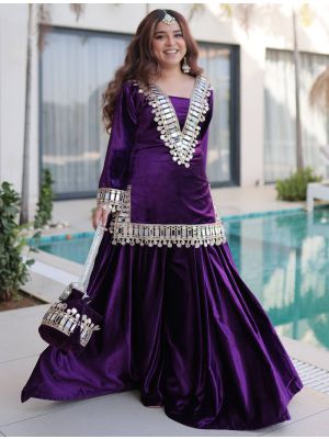 dark purple ice velvet kurta palazzo set with potli bag fabku21177