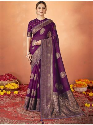 Dark Purple Kanjivaram Silk Festive Wear Woven Saree