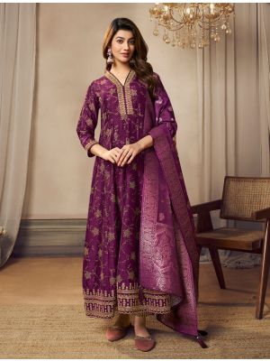 Dark Purple Silk Full Length Flared Readymade Salwar Kameez FABSL22044