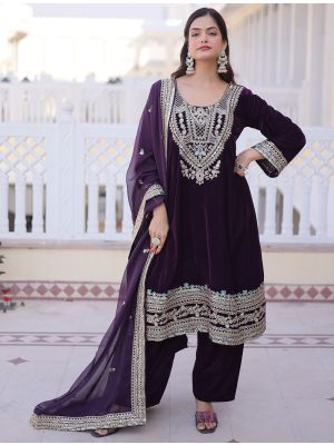 Dark Purple Velvet Embroidered Ready To Wear Salwar Kameez FABSL22376