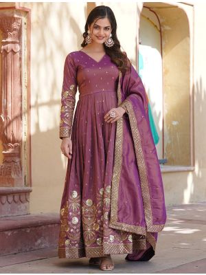 dark purple viscose cosmos sequined anarkali gown with dupatta fabgo20293