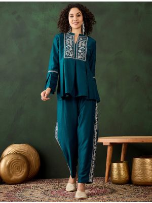 dark teal chinon embroidered co ord set fabku20991