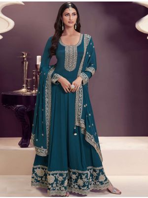 Dark Teal Chinon Semi Stitched Anarkali Suit small FABSL22234