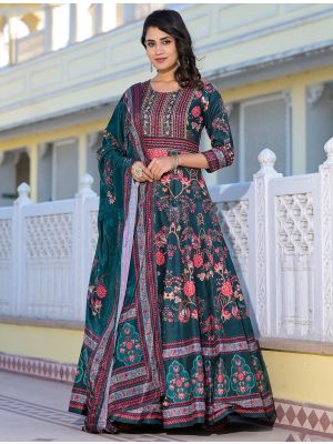 dark teal dola silk premium gown with dupatta fabgo20309