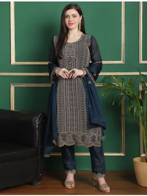 Dark Teal Georgette Salwar Suit With Cording Work small FABSL21793