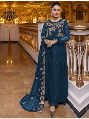 Dark Teal Georgette Semi Stitched Pakistani Suit small FABSL21776