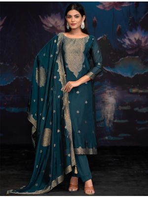 Dark Teal Jacquard Woven Silk Salwar Kameez small FABSL22159