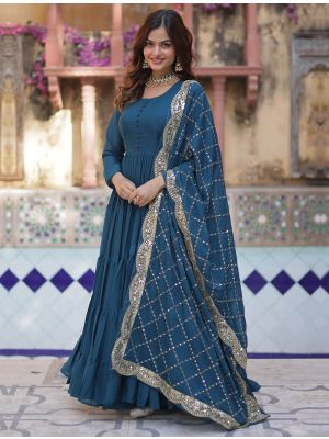 dark teal star georgette flared anarkali gown with dupatta fabgo20350