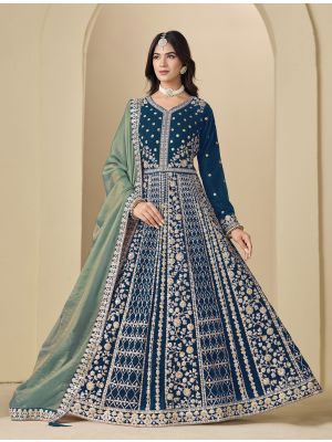 Dark Teal Velvet Semi Stitched Anarkali Suit small FABSL22366