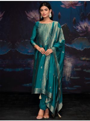 Dark Turquoise Jacquard Woven Silk Salwar Kameez small FABSL22161