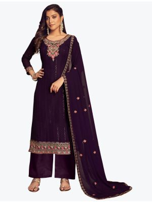 Dark Wine Blooming Faux Georgette Designer Palazzo Suit FABSL20824