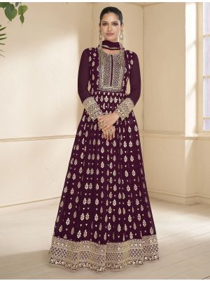 Dark Wine Georgette Semi Stitched Designer Anarkali Suit thumbnail FABSL21843