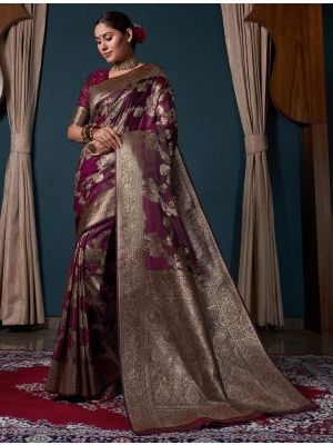 Dark Wine Satin Silk Premium Saree With Zari Work