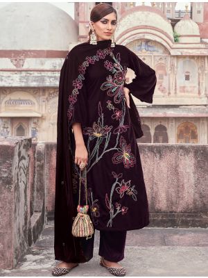 Dark Wine Velvet Embroidered Designer Salwar Kameez small FABSL21655