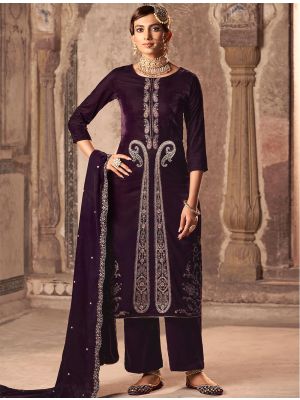 Dark Wine Velvet Salwar Kameez With Thread Work And Zari small FABSL21661