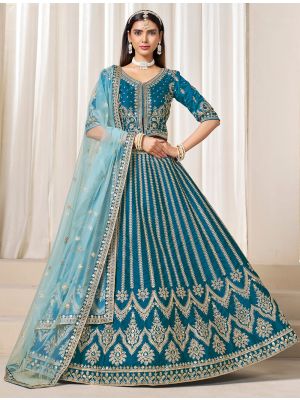 Deep Aqua Art Silk Embroidered Lehenga Choli small FABLE20469