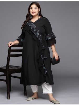 deep black crepe floral printed plus size kurti fabku20866