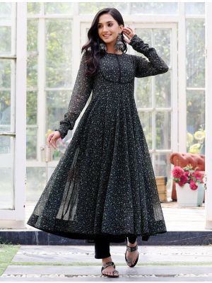 deep black georgette printed anarkali kurta fabku21056