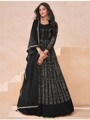 Deep Black Georgette Semi Stitched Anarkali Suit FABSL21965