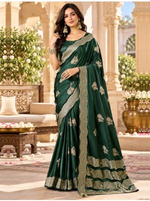 Deep Bottle Green Satin Saree With Floral Motifs & Ornate Border