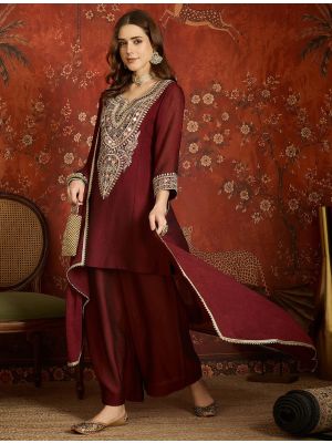 Deep Burgundy Embroidered Silk Blend Ready To Wear Salwar Kameez FABSL22595