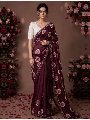 Deep Burgundy Floral Print Chiffon Saree With Embroidery