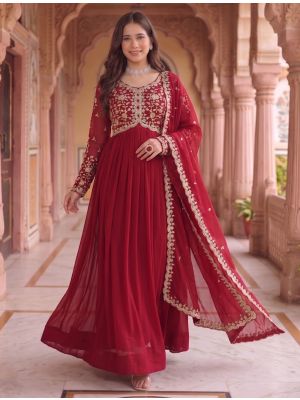 deep crimson red georgette pleated flared gown with dupatta fabgo20457