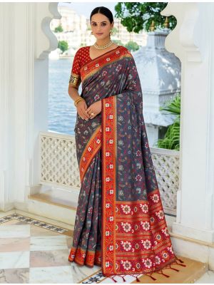 Deep Grey Banarasi Art Silk Saree With Brocade-Style Weaving