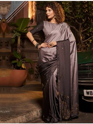 Deep Grey Satin Georgette Premium Saree With Swarovski