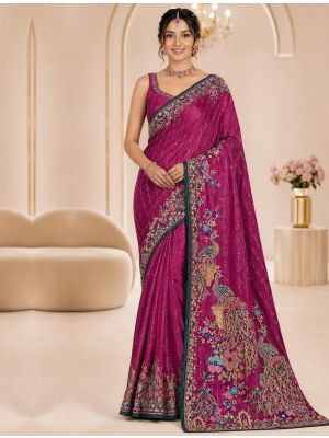 Deep Magenta Satin Saree With Multicolour Motifs & Swarovski Work