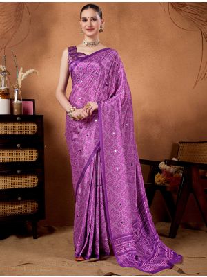 Deep Magenta Satin Silk Ready To Wear Saree With Bandhani Print