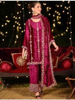 Deep Magenta Velvet Designer Salwar Kameez With Zardosi Work small FABSL22325