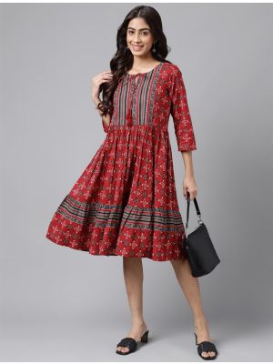 deep maroon cotton printed trendy frock fabku20878